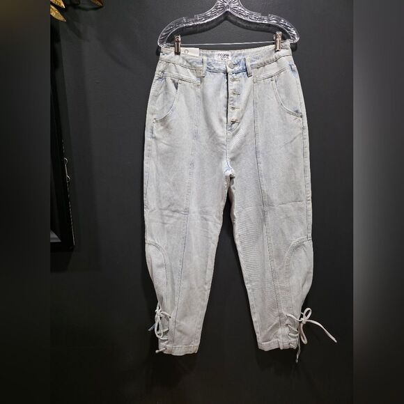 Insane Gene Light Wash Button Fly Denim Jeans Hi Rise Relaxed Tie Ankle 11 29W - Picture 1 of 12